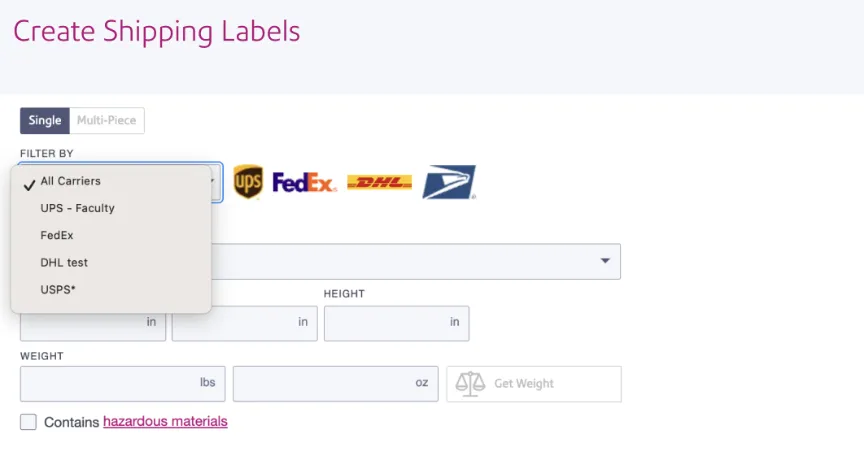screenshot of create shipping labels view
